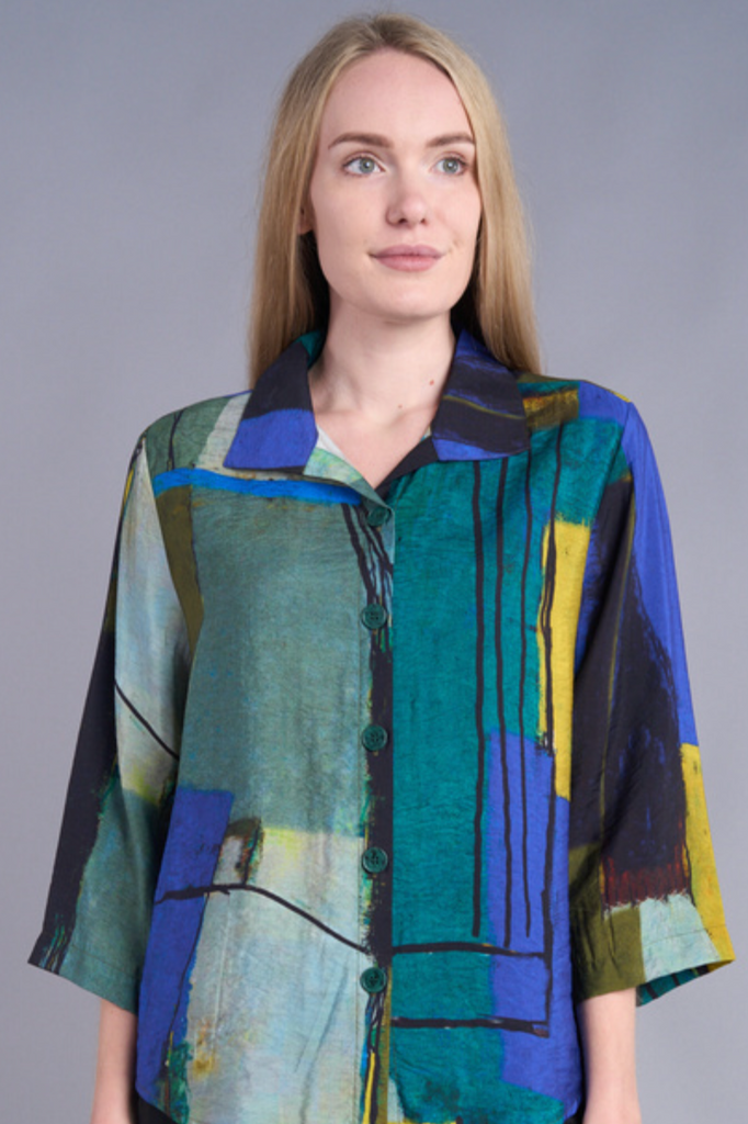 Shana Button Back Short Shirt - Green/Blue