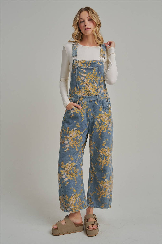 Bon - Floral Print Denim Overall Jumpsuit w/Barrel Leg