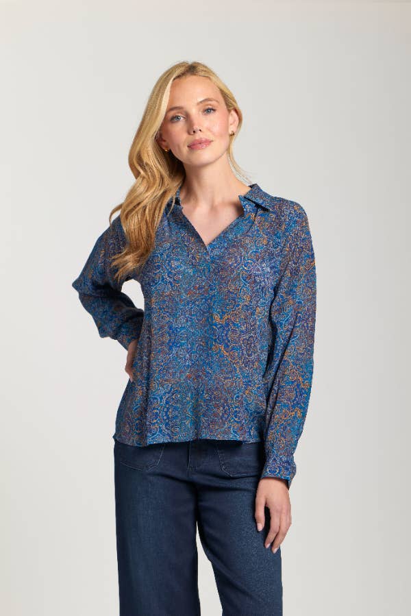 APNY - Half-Placket Pullover Blouse - Blue Multi