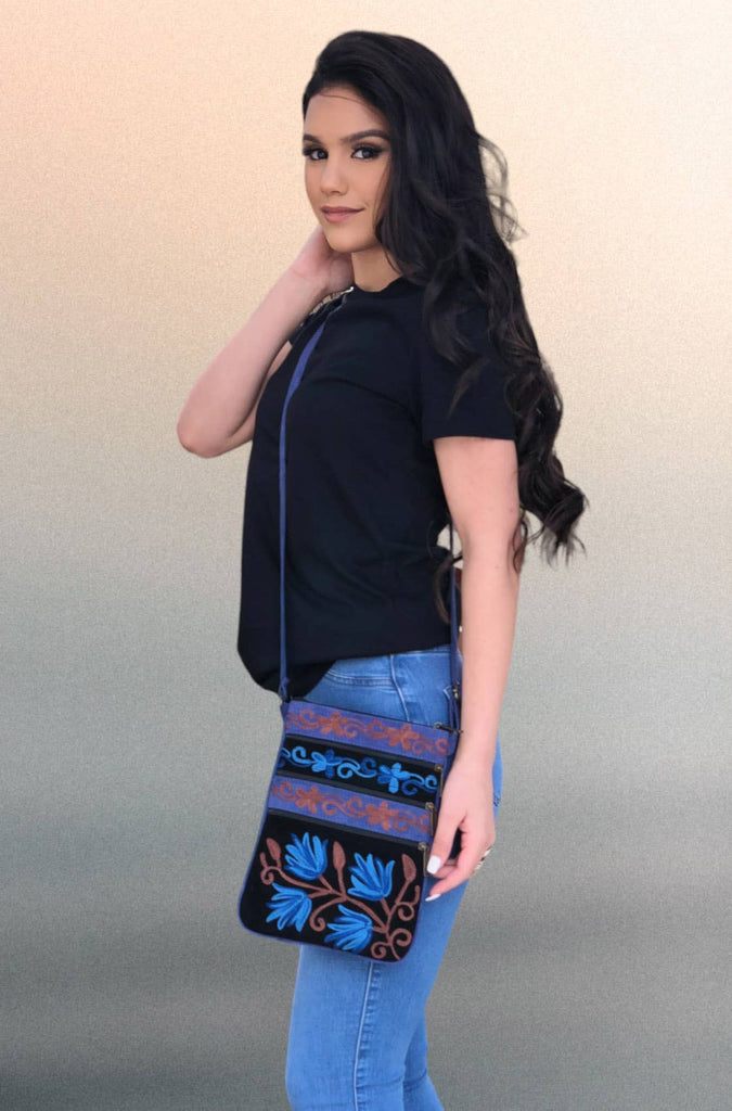 Rayz Intl - Black and Blue Suede Embroidered Crossbody Bag