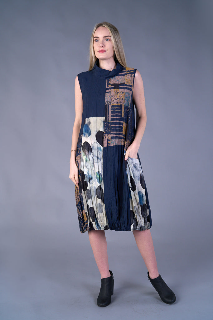 Shana Crushed Mixed Media Dress - Navy