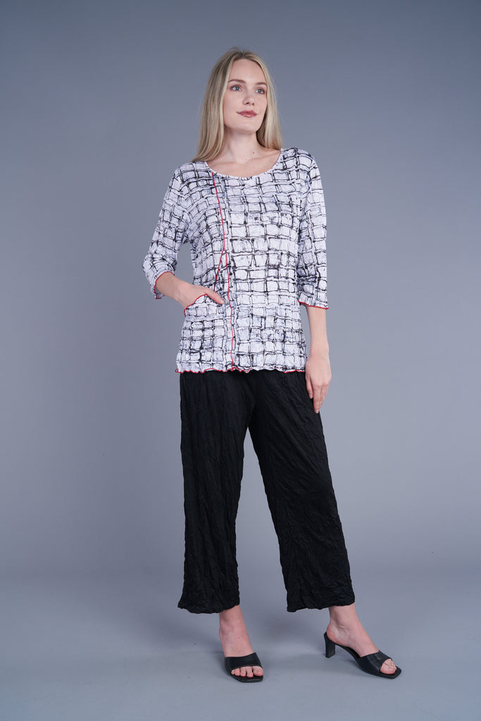 Shana Black and White Blouse with Red Stitching