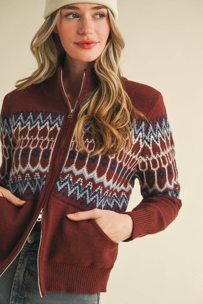 &Merci - FAIR ISLE ZIP UP SWEATER CARDIGAN MSW10902