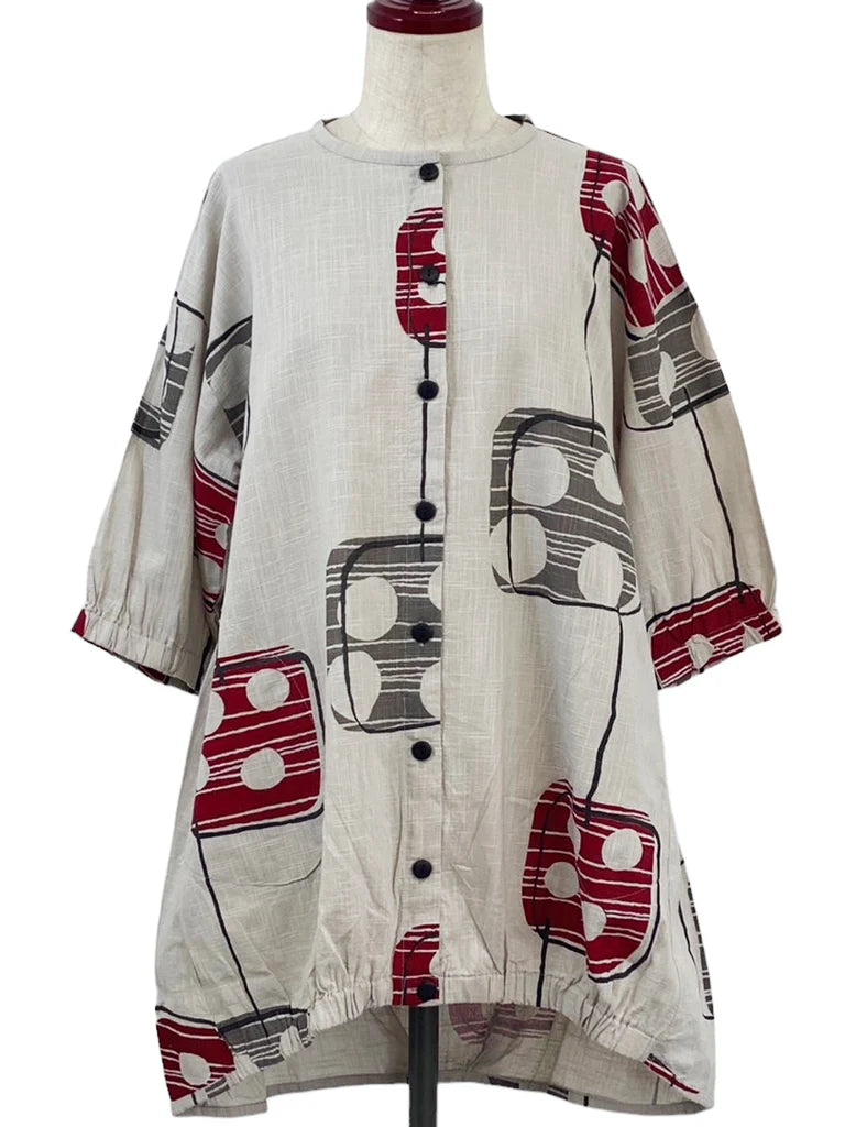 Mona Lisa - Gathered Bottom Jacket - Modern Square Print - Light Grey