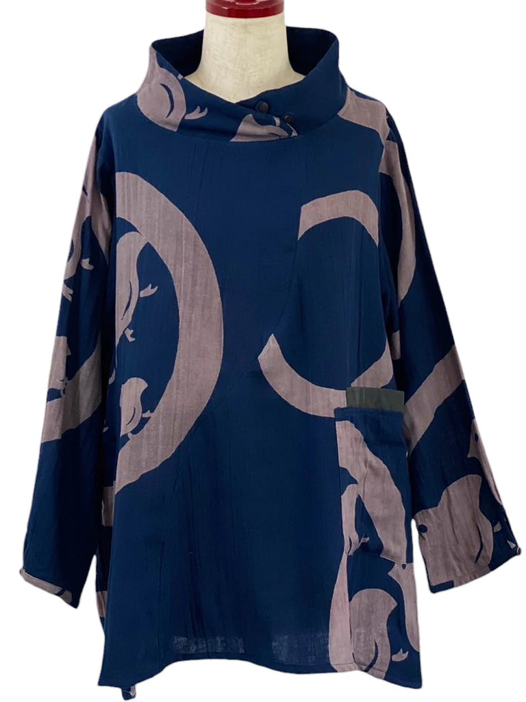 Mona Lisa - Wave Panel Pullover - Double Gauze - Chidori Print - Dark Blue