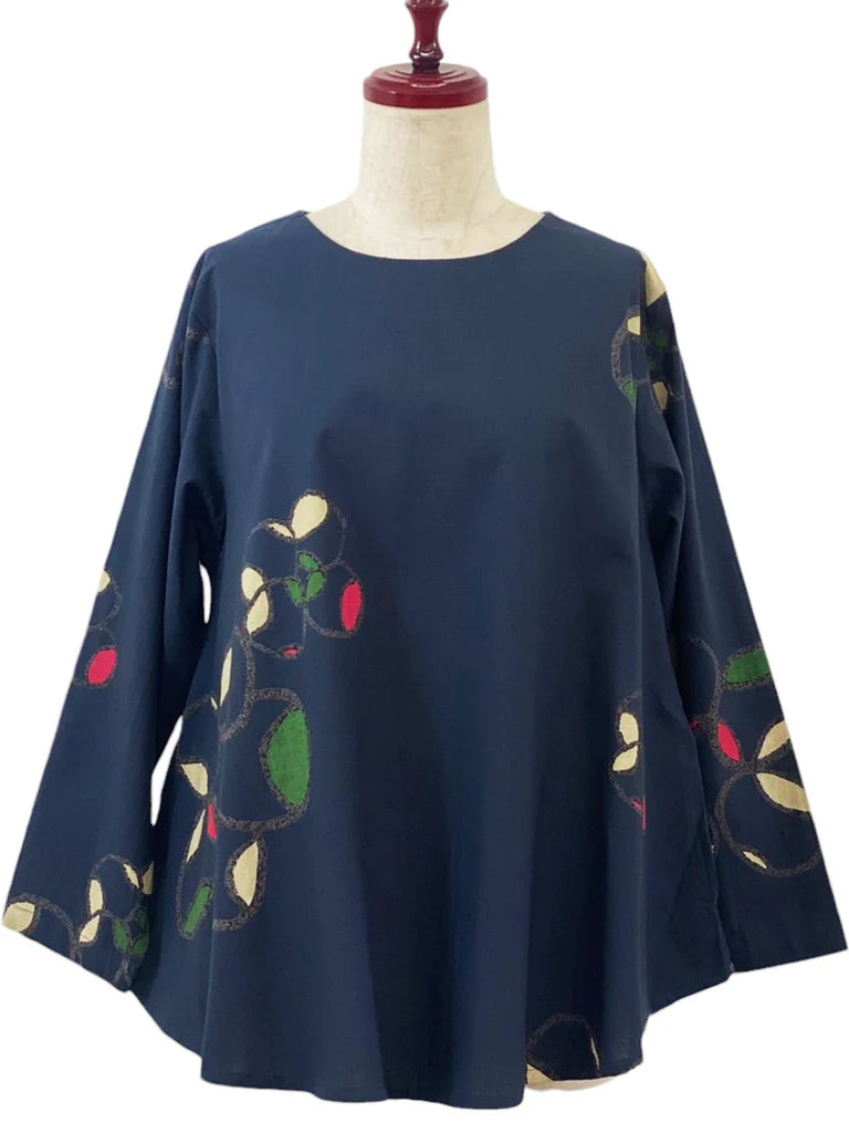 Mona Lisa - Simple Pullover - Winter Flower Print - Dark Blue