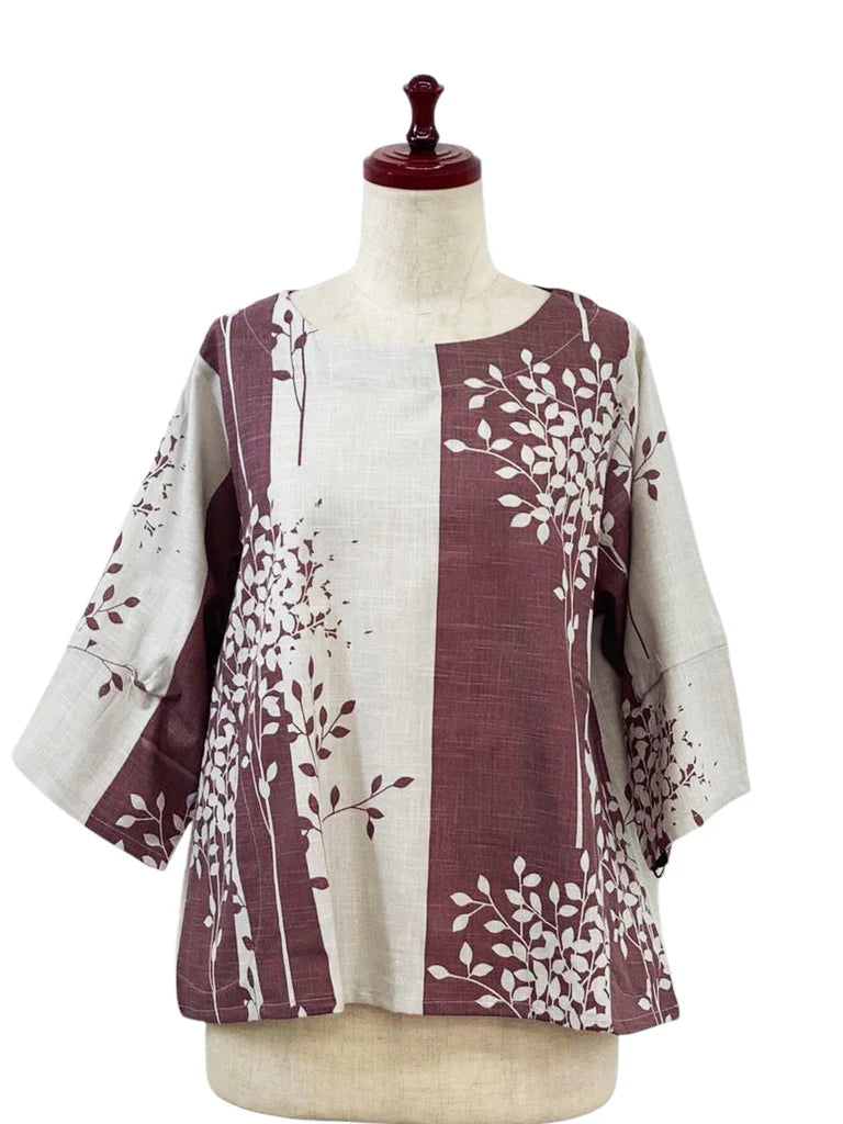 Mona Lisa - Simple Pullover - Ruscus Print - Light Grey/Maroon