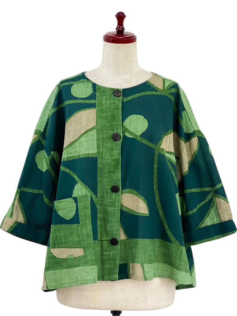 Mona Lisa - Tuck Crop Jacket - Geometric Plants Print - Green