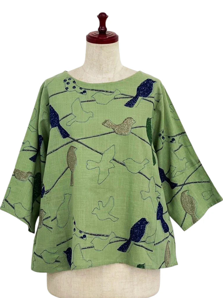Mona Lisa - Crop Pullover - Perched Print - Green