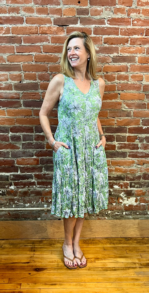 Shana - V-Neck Sleeveless Dress in Green Floral