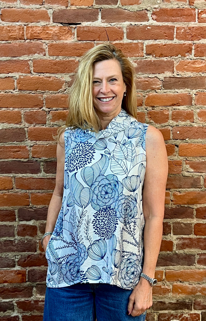 Shana - Cowl Neck Sleeveless Top in Navy Pattern