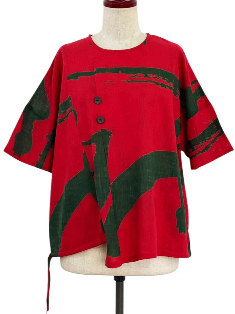 Mona Lisa - Asymmetrical Pullover - Calligraphy Print - Red
