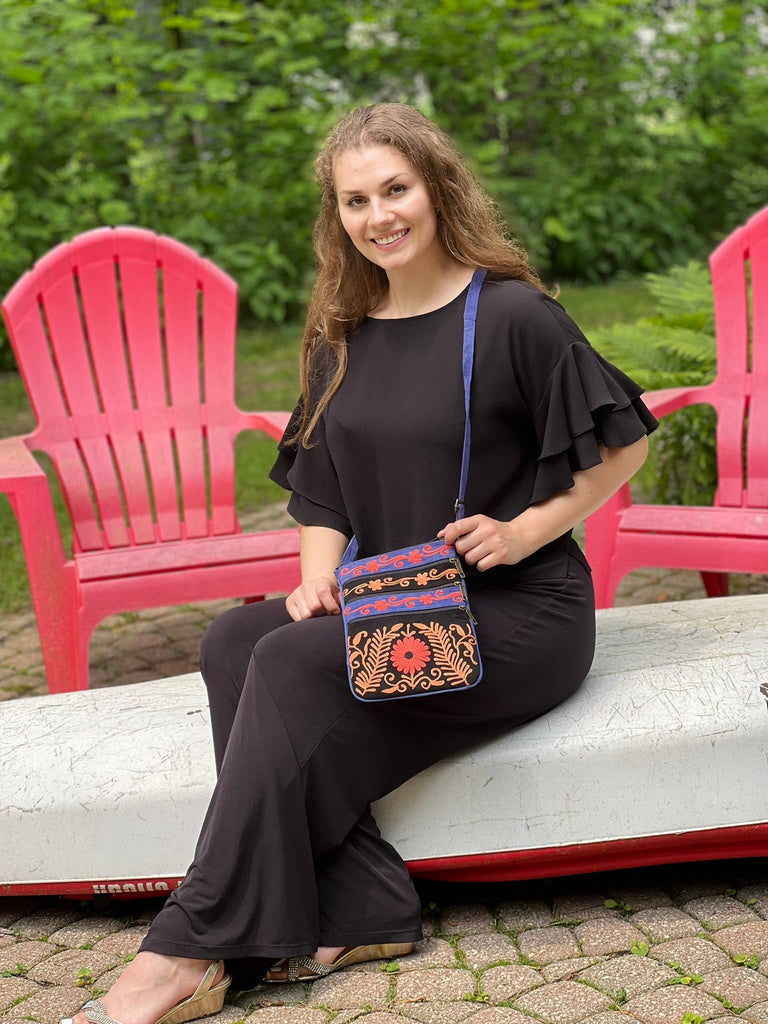 Rayz Intl - Suede Embroidered Tangerine and Blue Crossbody Bags