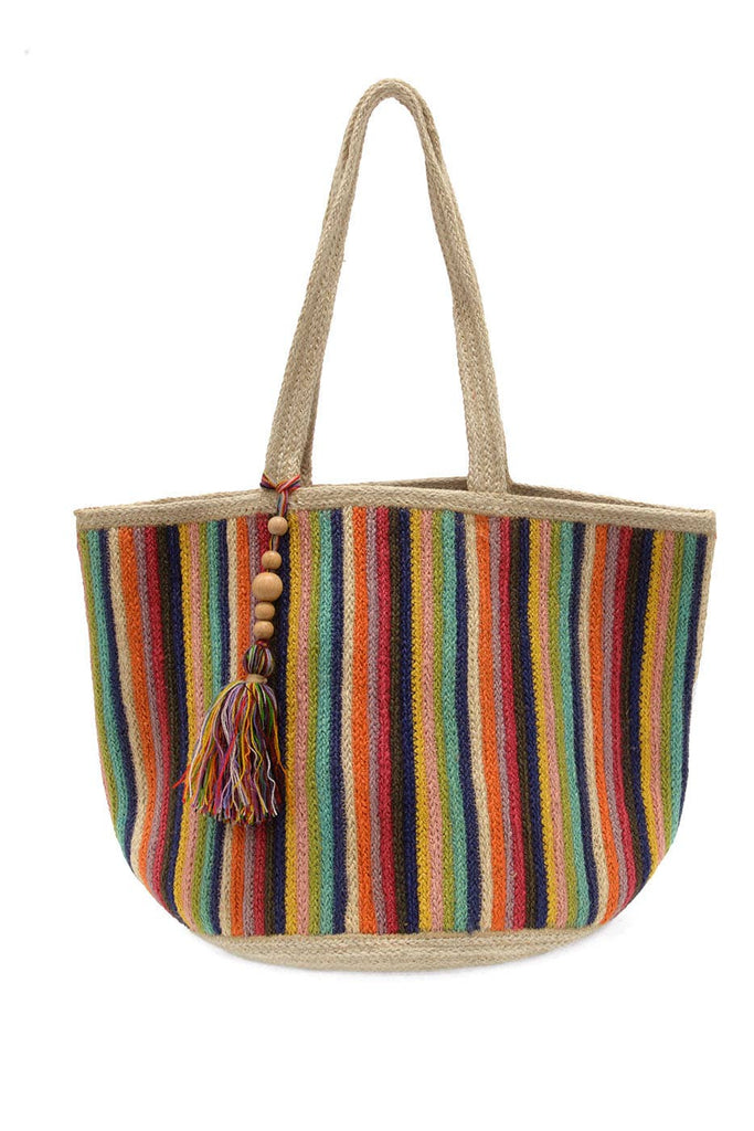 Joy Susan - Vivid Stripe Georgie w/ Wood Bead Tassel Jute Fiber Tote