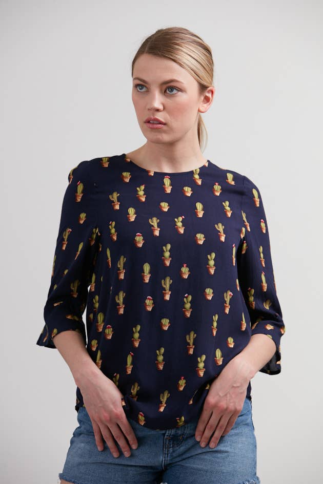 SM Wardrobe - Potted Cacti Flare Sleeves Blouse Blue