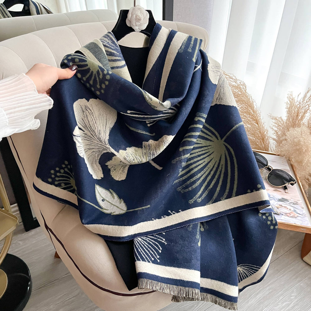 Winding River - Navy / Cream Falling Ginkgo Reversible Wrap