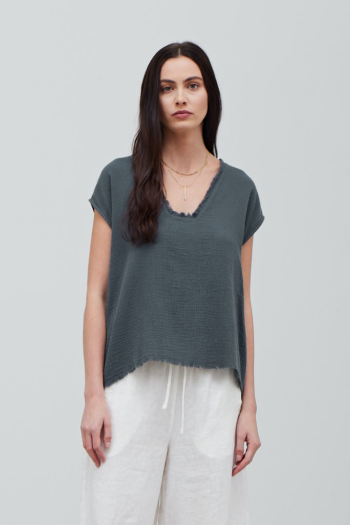 Grade & Gather Square Neck Gauze Blouse - Lake