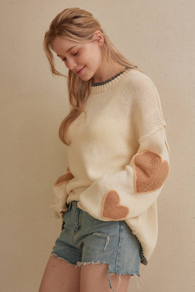 Mello. Round Neck Heart Patched Loose Fit Sweater