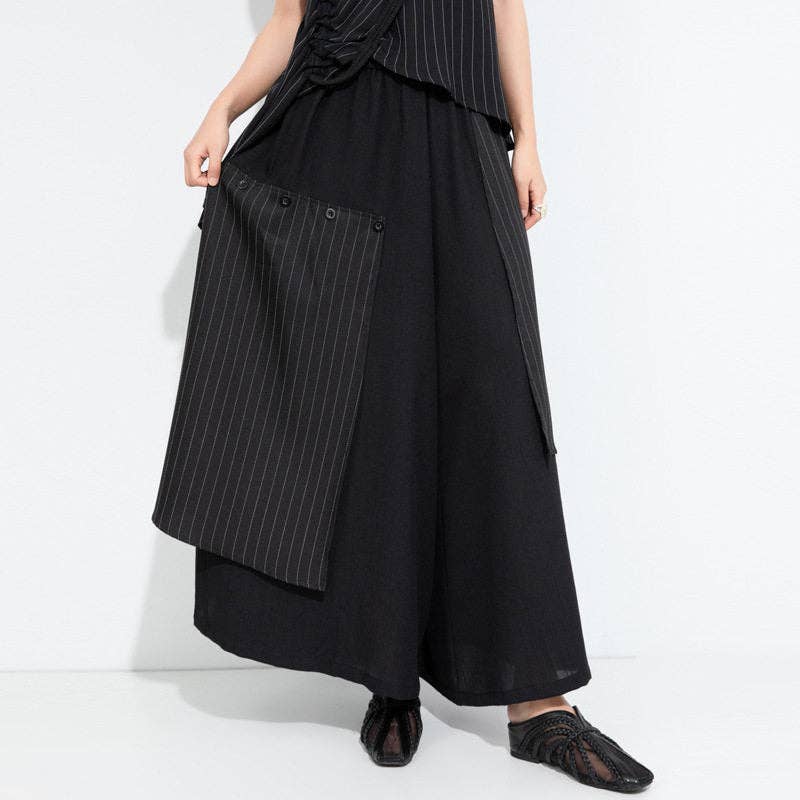 Sheer Trend - Striped Patchwork Faux Two Piece Skirt Pants