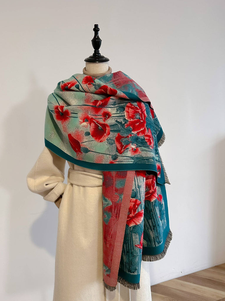 Winding River -Shawl Turq / Red Poppy Field Reversible Wrap – Artisan Shawl