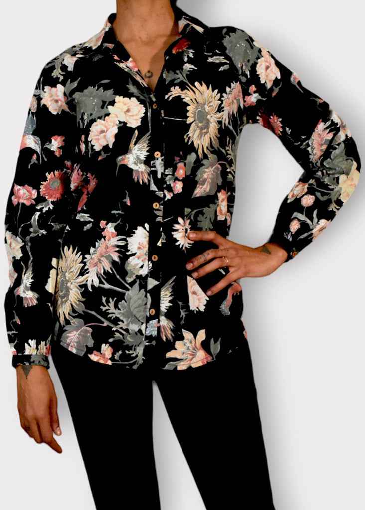 Devi Shop Button Down Top - Blooms Black