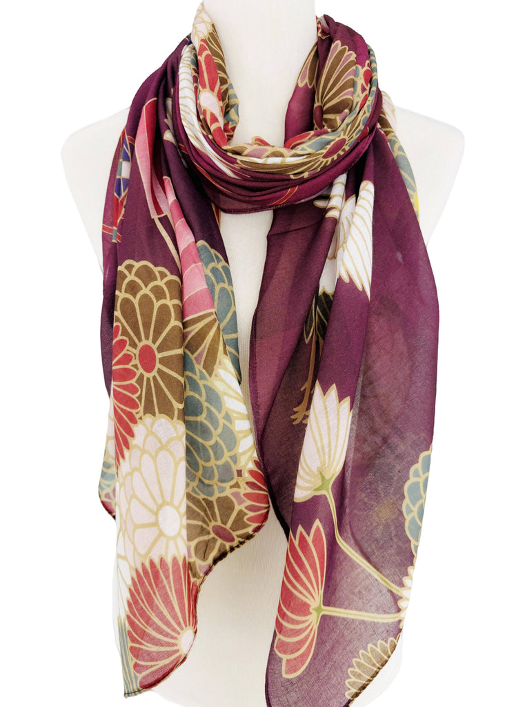 JC Sunny Fashion Burgundy-Multi Crane & Floral Scarf