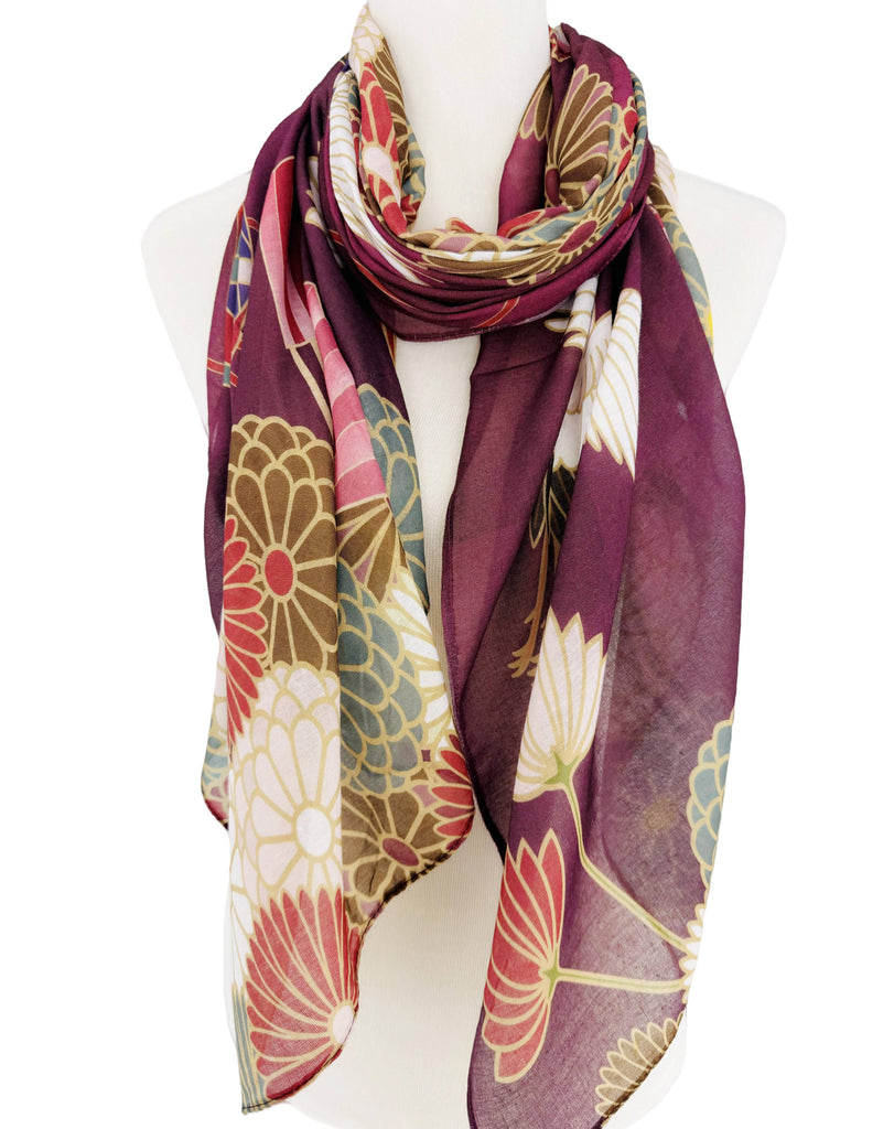 JC - Burgundy-Multi Crane & Floral Scarf