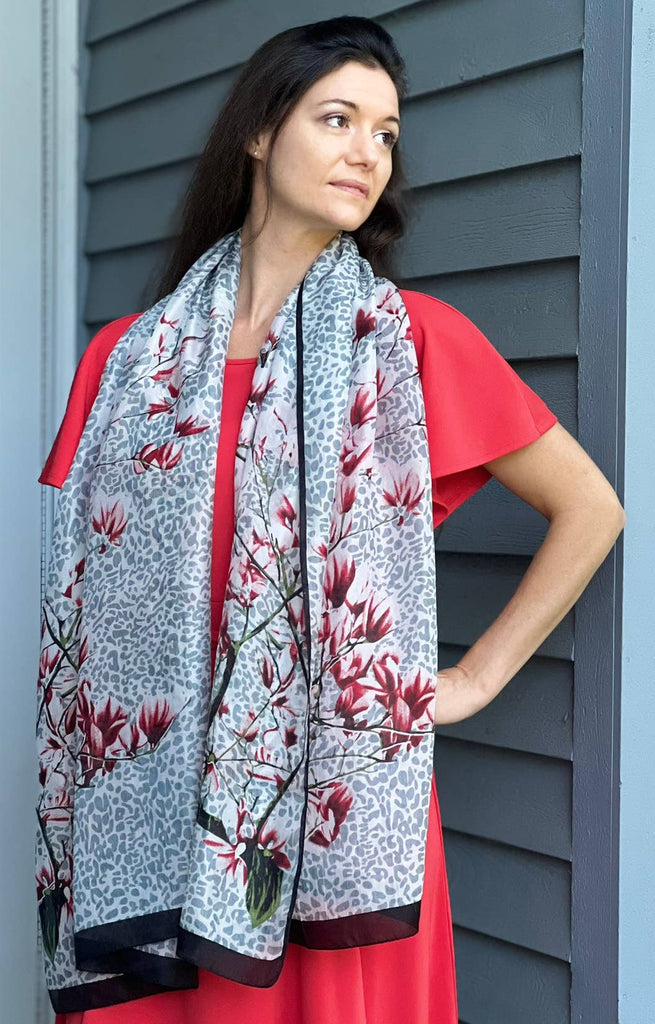 Rayz Intl - Gray and Black Silk Print Large Scarf