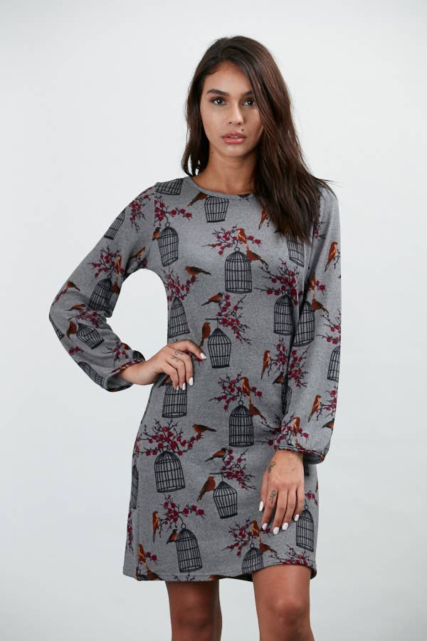 SM Wardrobe - Birdcage Print Winter Tunic Grey