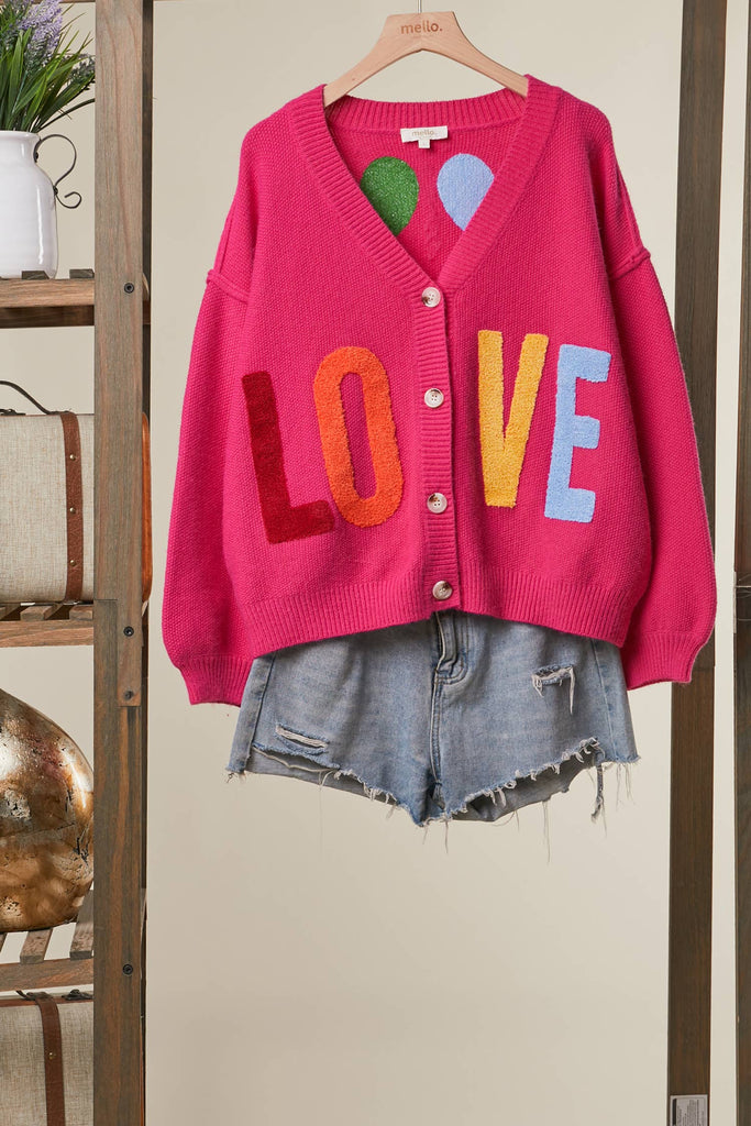 Mello - Love Lettering Heart Patchwork V Neck Cardigan