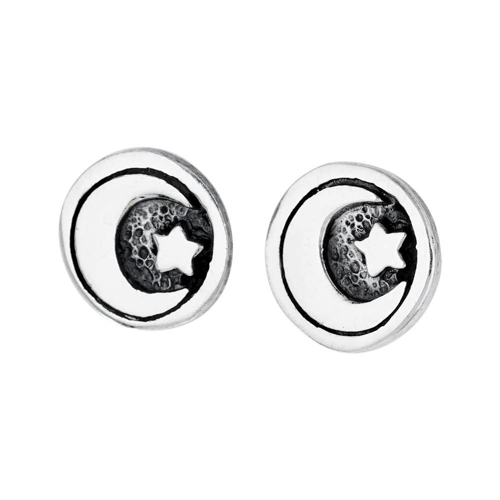 Tiger Mountain - Circled Moon and Star Sterling Silver Stud Earring