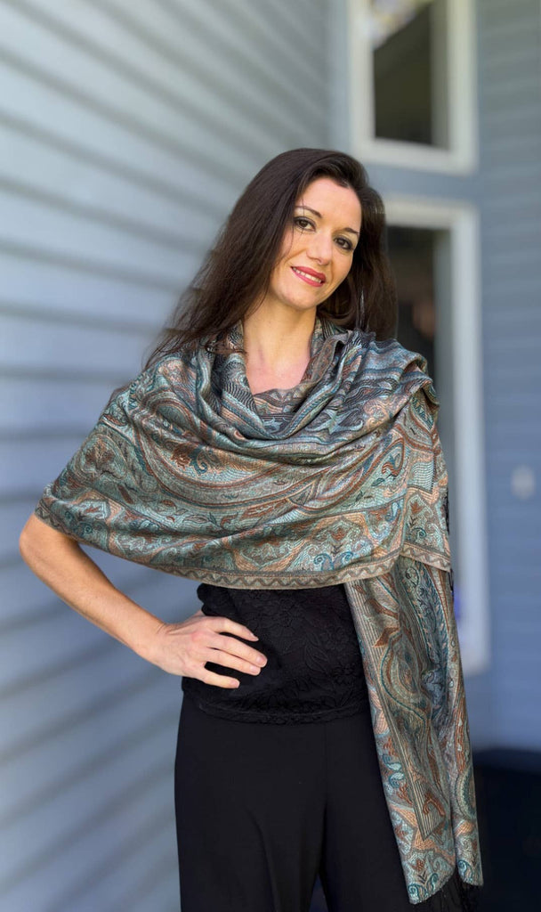 Rayz Intl - Teal and Gold Modal Silk Jamawar Pashmina