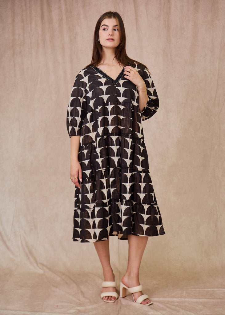 Orice Patterned Puff Sleeve Dress- Black