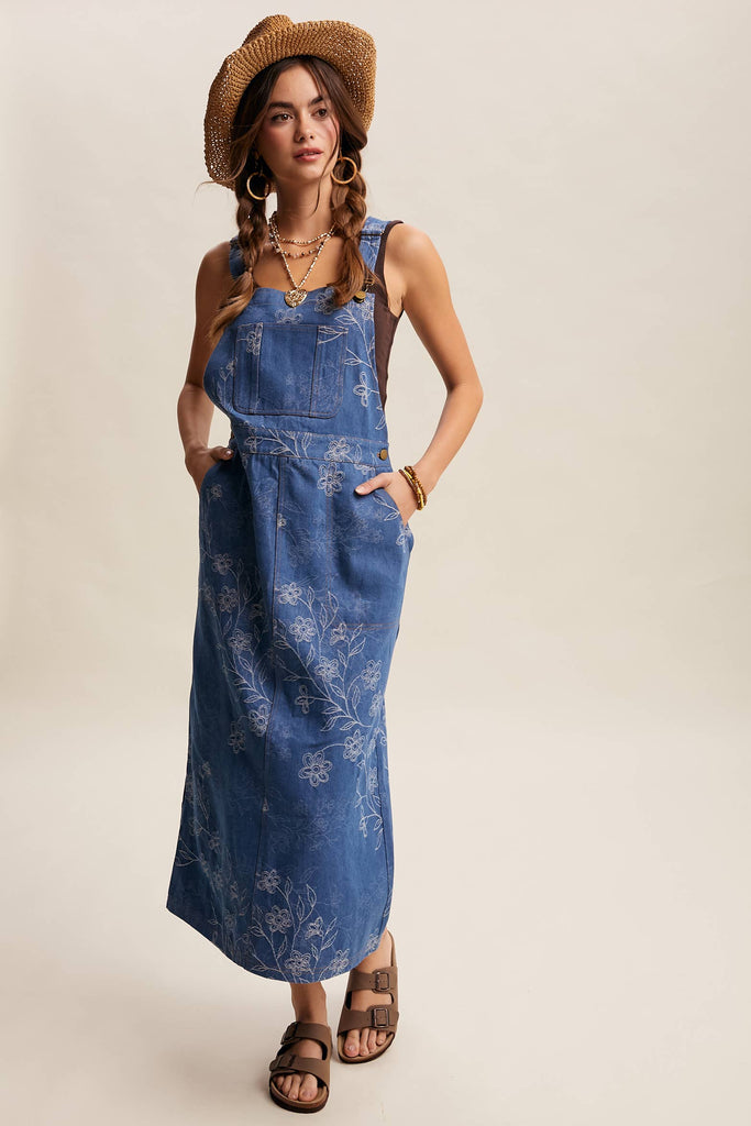 Listicle - Floral Embroidered Denim Overall Dress