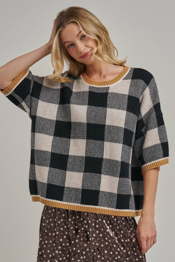 Bon - Gingham Checked Drop Shoulder Sweater