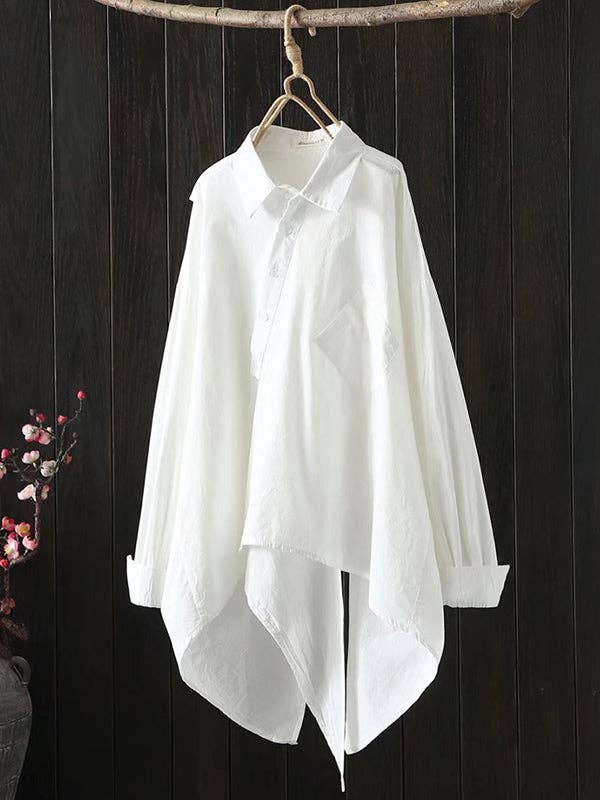 Sheer Trend - Loose White Long Sleeve Asymmetric Blouse