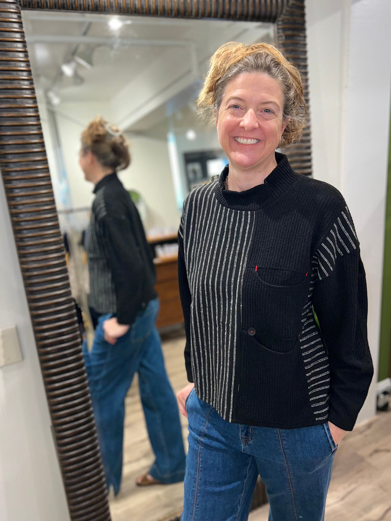 Trisha Tyler - Striped Sweater w/Pockets in Black/Grey