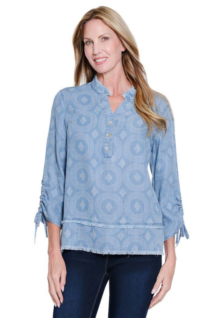 Multiples - 3/4 Drawstring Sleeve Band Collar Double Fringe Hem