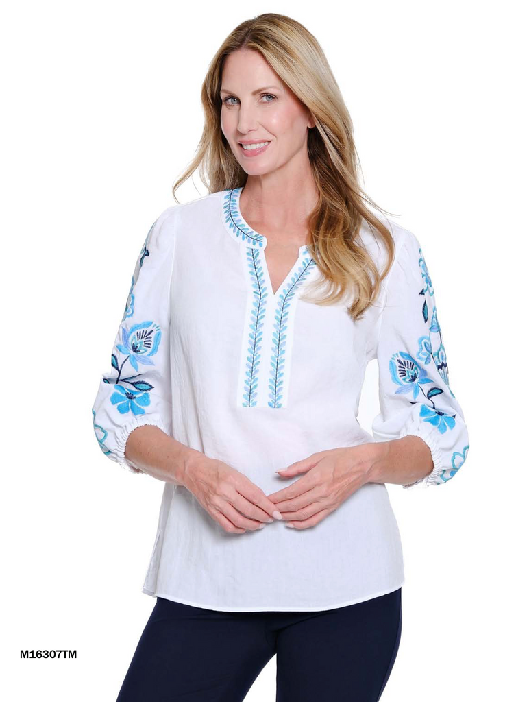 Multiples - 3/4 PUFF SLV NOTCH NK BAND NECK TOP W/EMBR