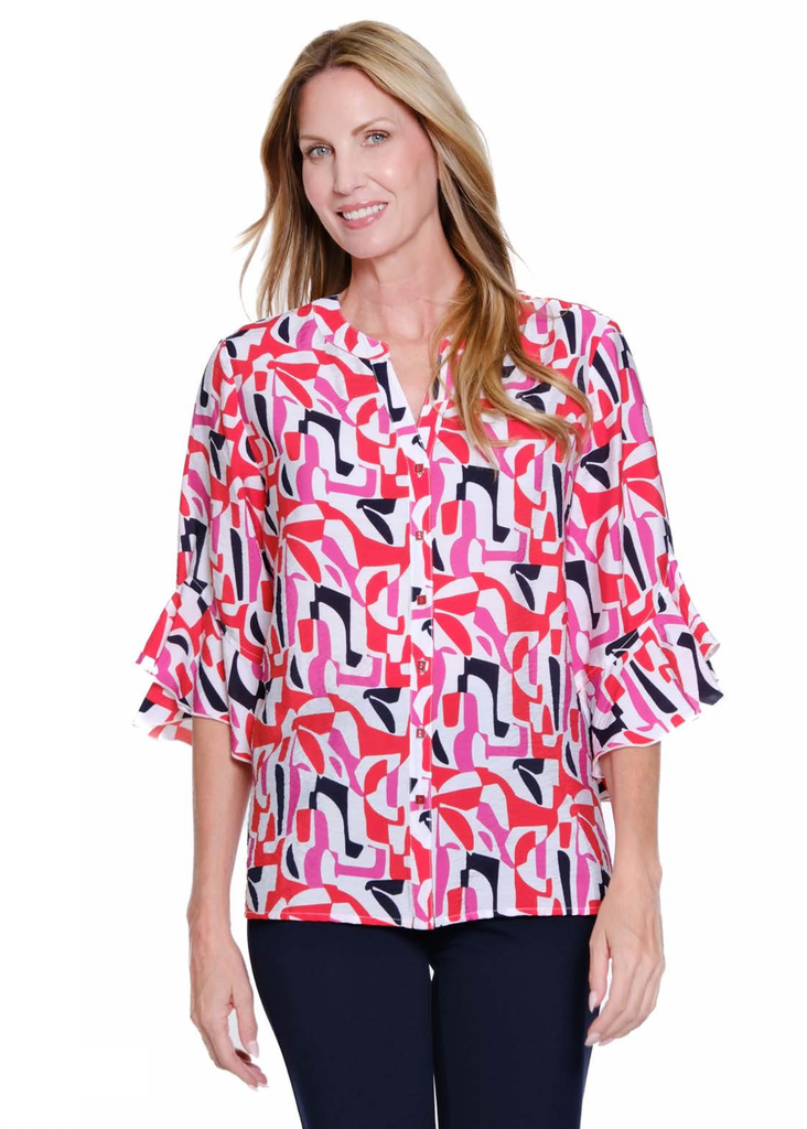 Multiples - Elbow Flounce Sleeve Band Collar Button Front Shirt