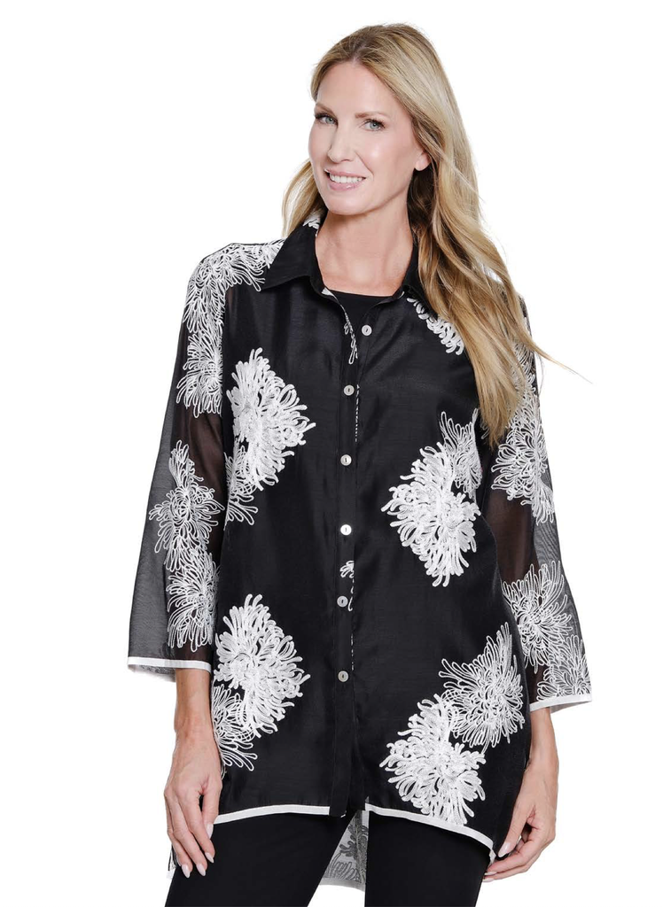 Multiples - 3/4 Sleeve Embroidered Hi-Lo Button Front Shirt