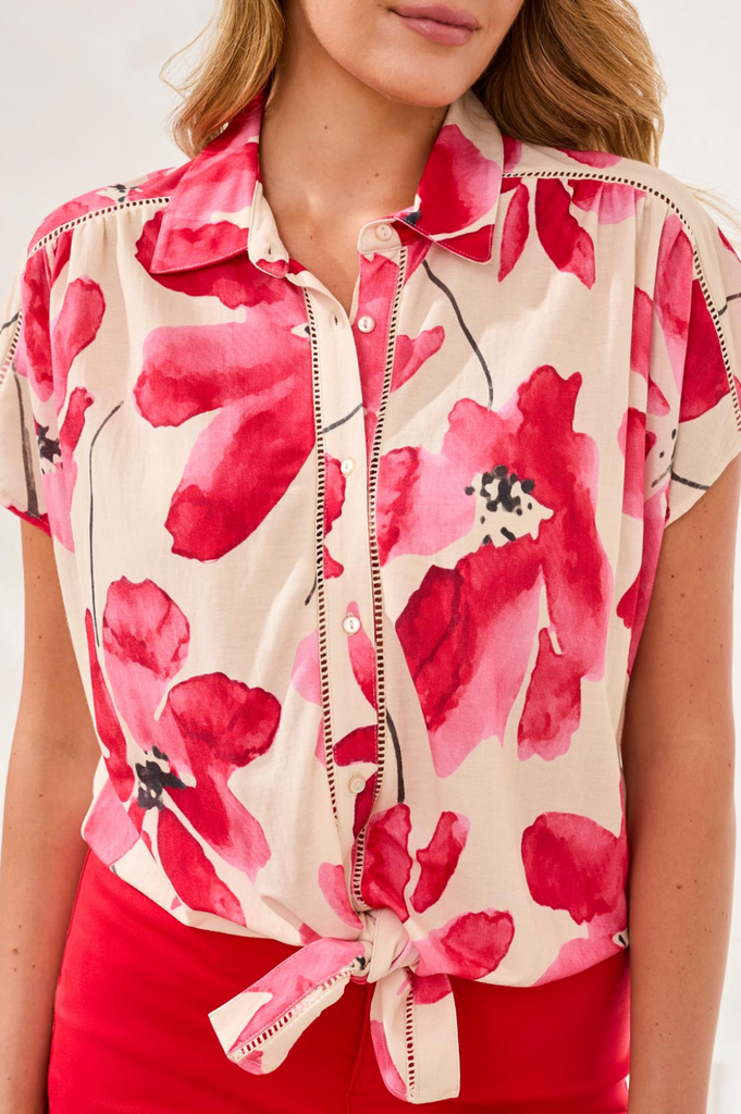 Tribal - Tie Front Short Sleeve Shirt in Sangria