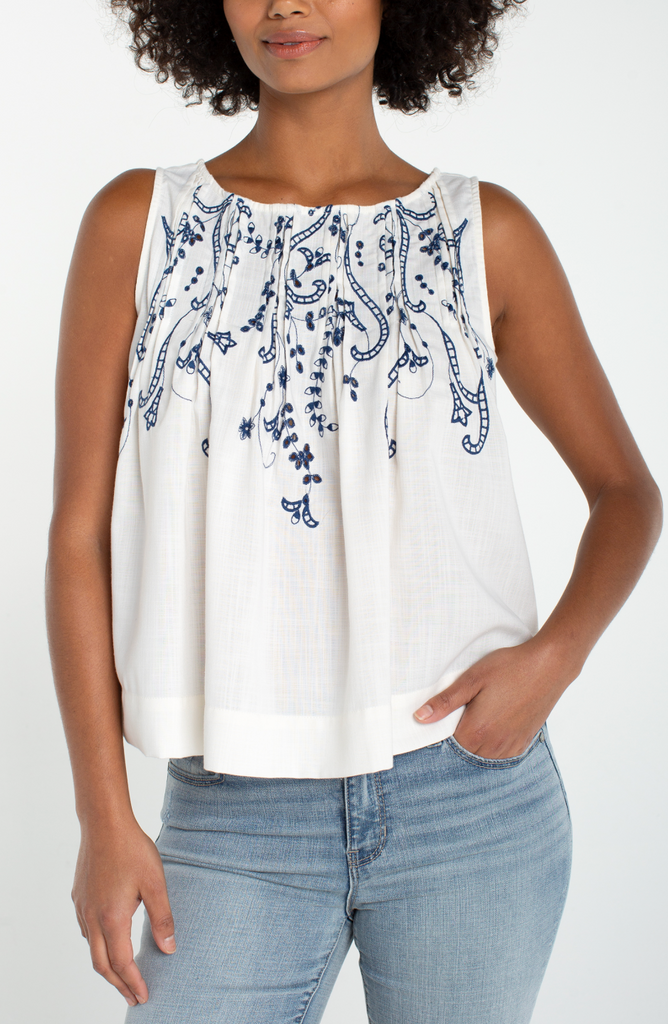 Liverpool - sleeveless boat neck woven top w/ pintucks