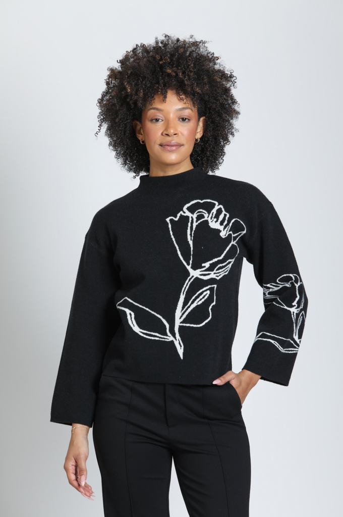 APNY - Contrast Floral Pullover in Jet & Ivory