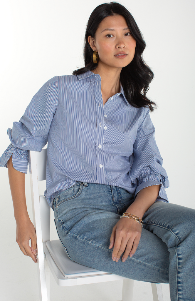 Liverpool - Adjustable Sleeve Button Front Woven Top in White