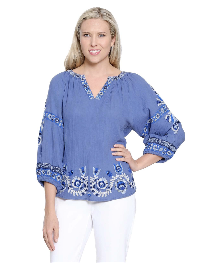 Tru Luxe - Embroidered Split Neck Top