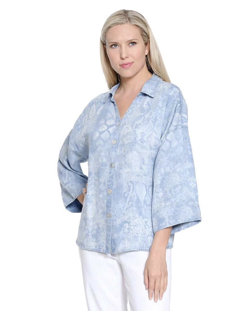 Tru Luxe - Laser Print Chambray V-Neck Collar/Button-up Top