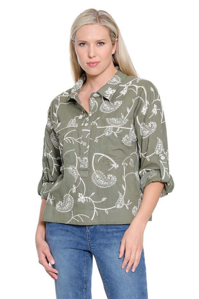 Tru Luxe - Paisley Embroidery Popover- Sage