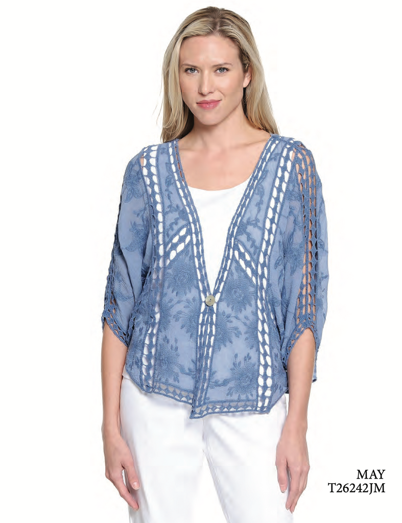 Tru Luxe - GARMENT DYED EMBROIDERED KIMONO WITH LACE