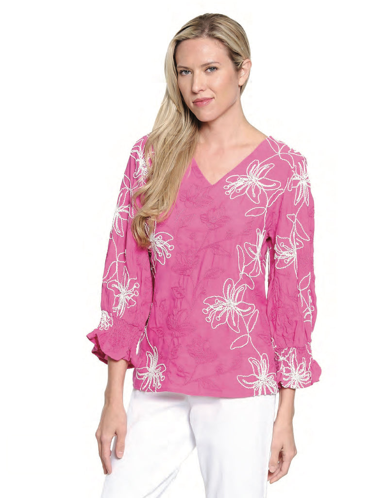 Tru Luxe - Smocked Cuff V-Neck Top w/Embroidery